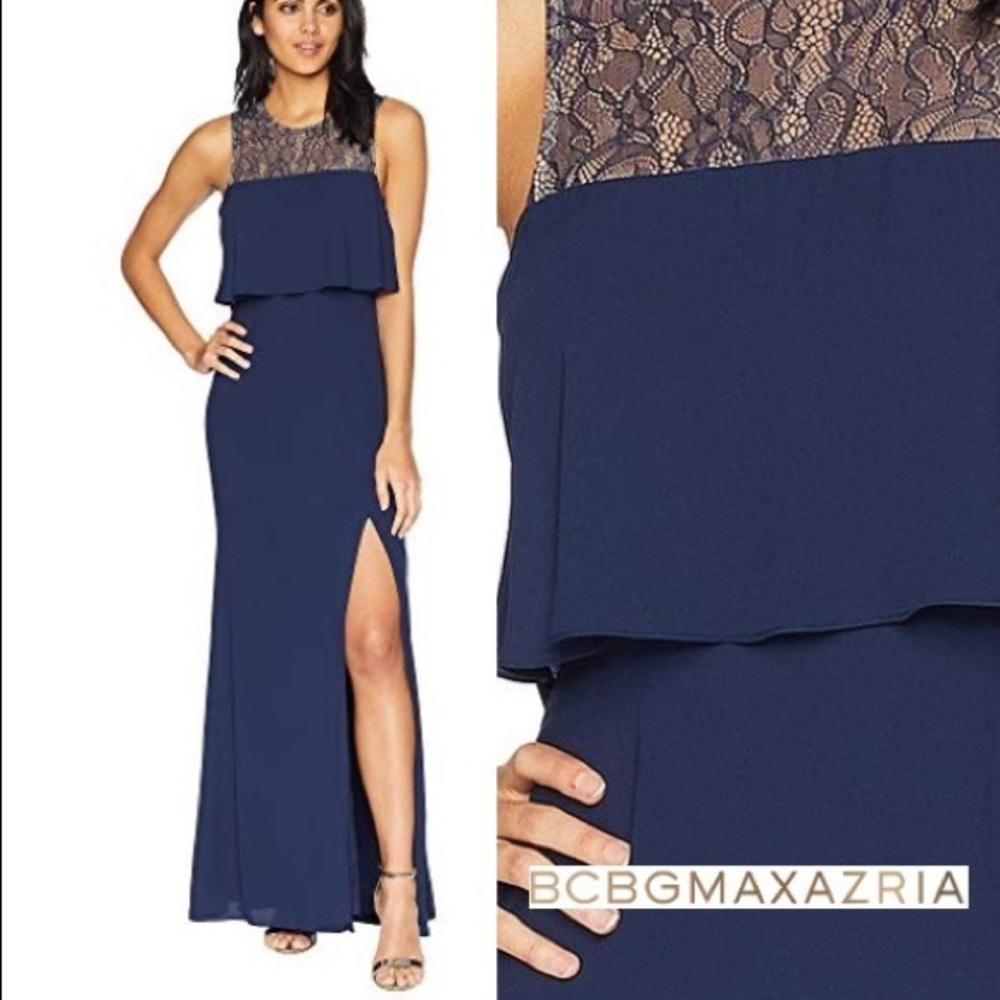 BCBGMaxAzria Navy Nude Lace Cascading Waterfall Ruffle Full Length Formal Dress